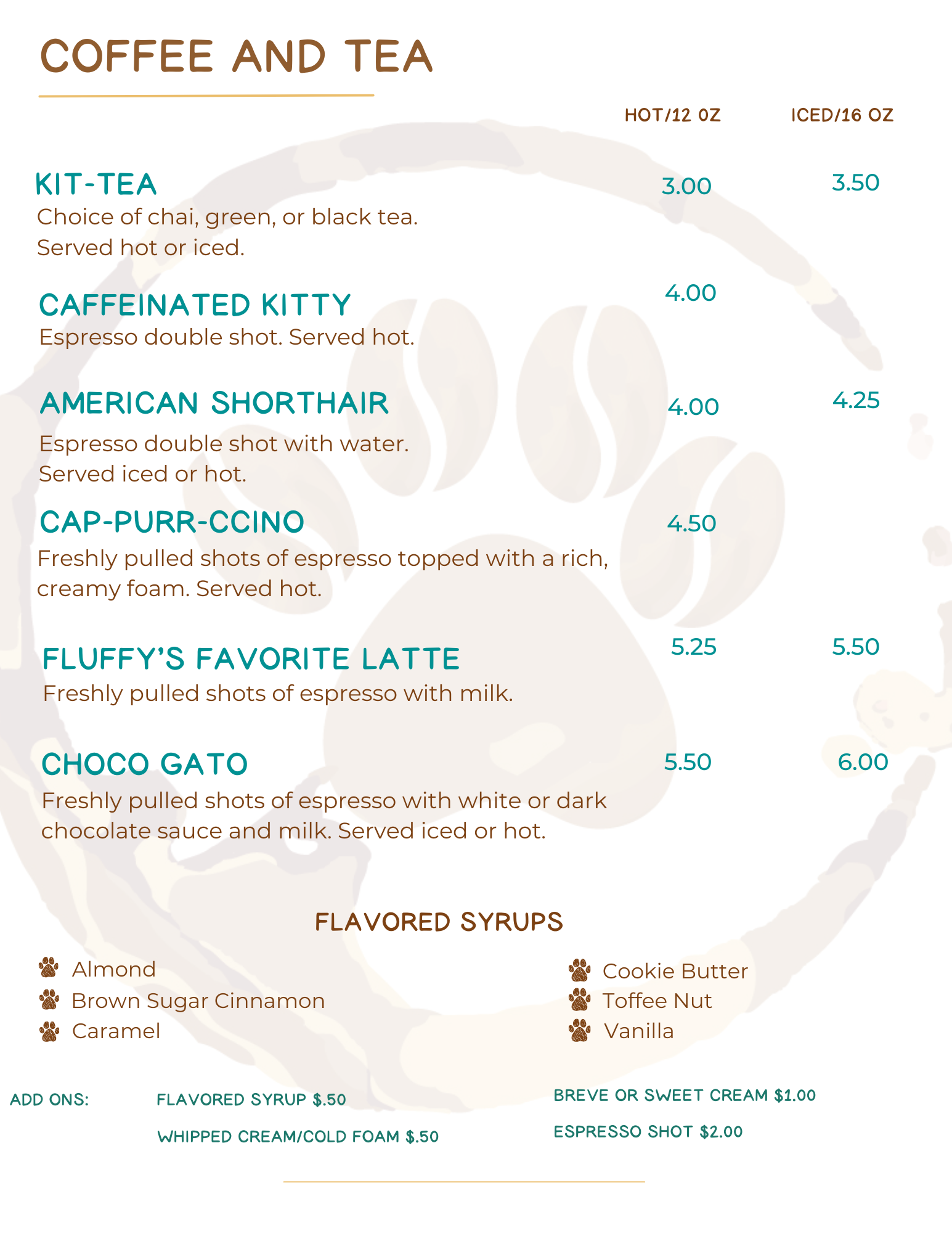 Winter menu with illustrated cats at the top; drinks listed include various teas, coffees, and spritzers with descriptions and prices.