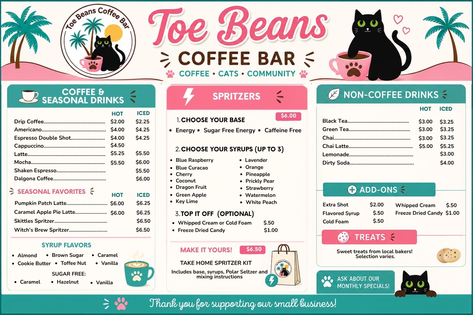 Winter menu with illustrated cats at the top; drinks listed include various teas, coffees, and spritzers with descriptions and prices.